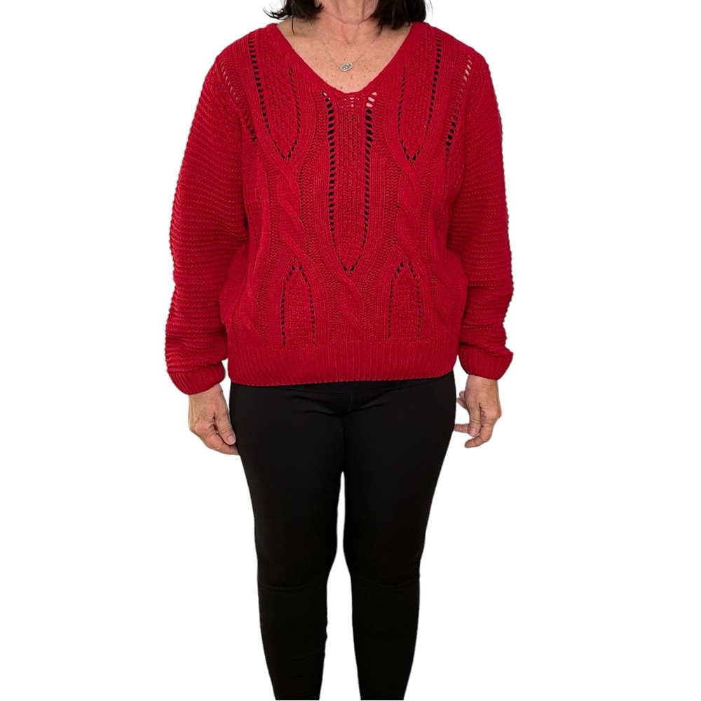 Ivy Rose Sz L Red V-Neck Cable Knit Sweater